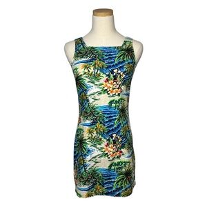 Vintage Totally Tropical Beach Hawaiian Print Floral Sleeveless Mini Dress